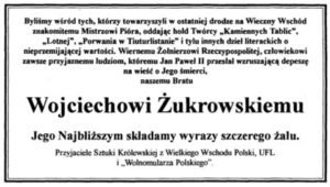 Wojciech Żukrowski Nekrolog “Wolnomularz Polski”, nr 32, październik-listopad 2000 r., s. 4